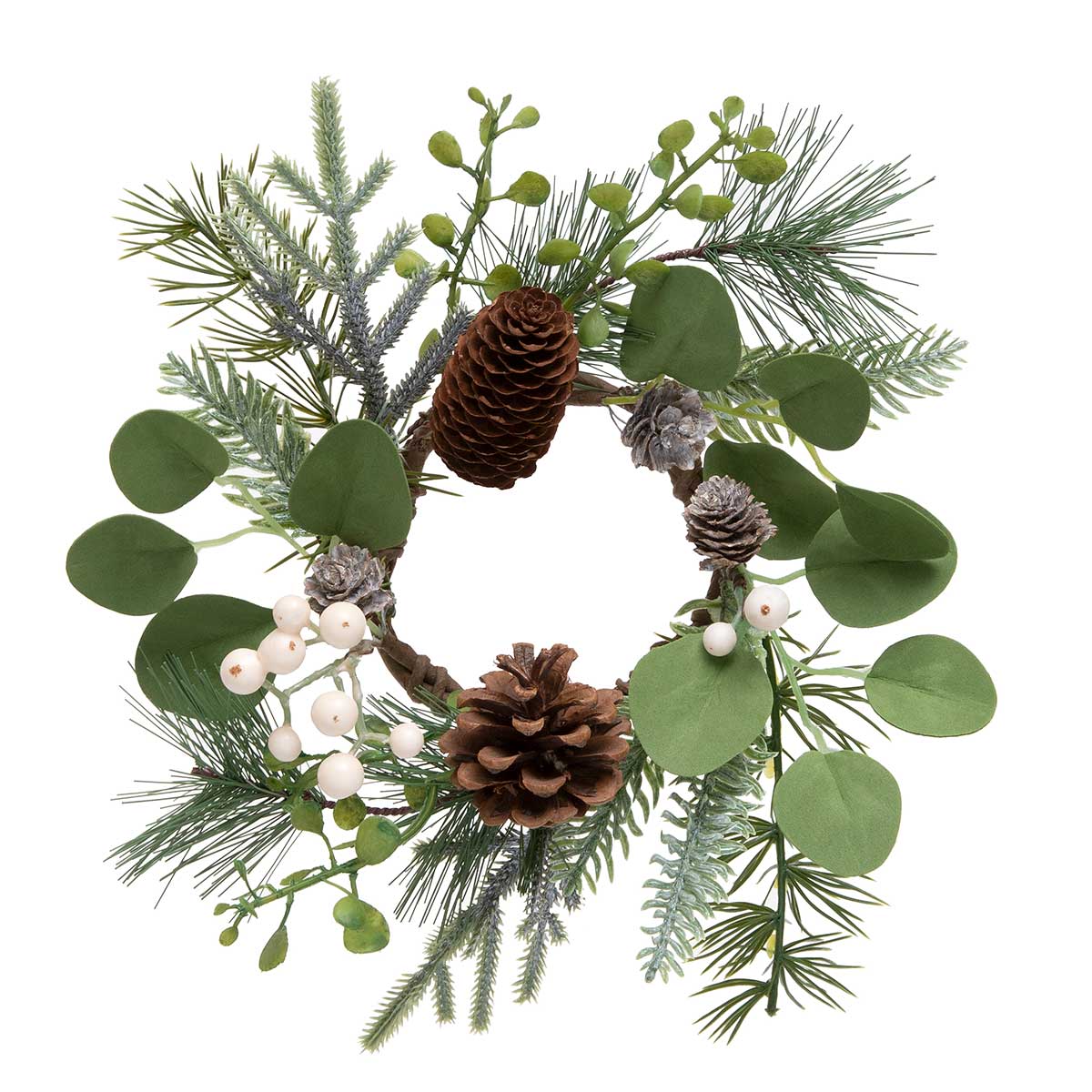 !SNOWBERRY EUCALYPTUS PINE CANDLE RING 12"