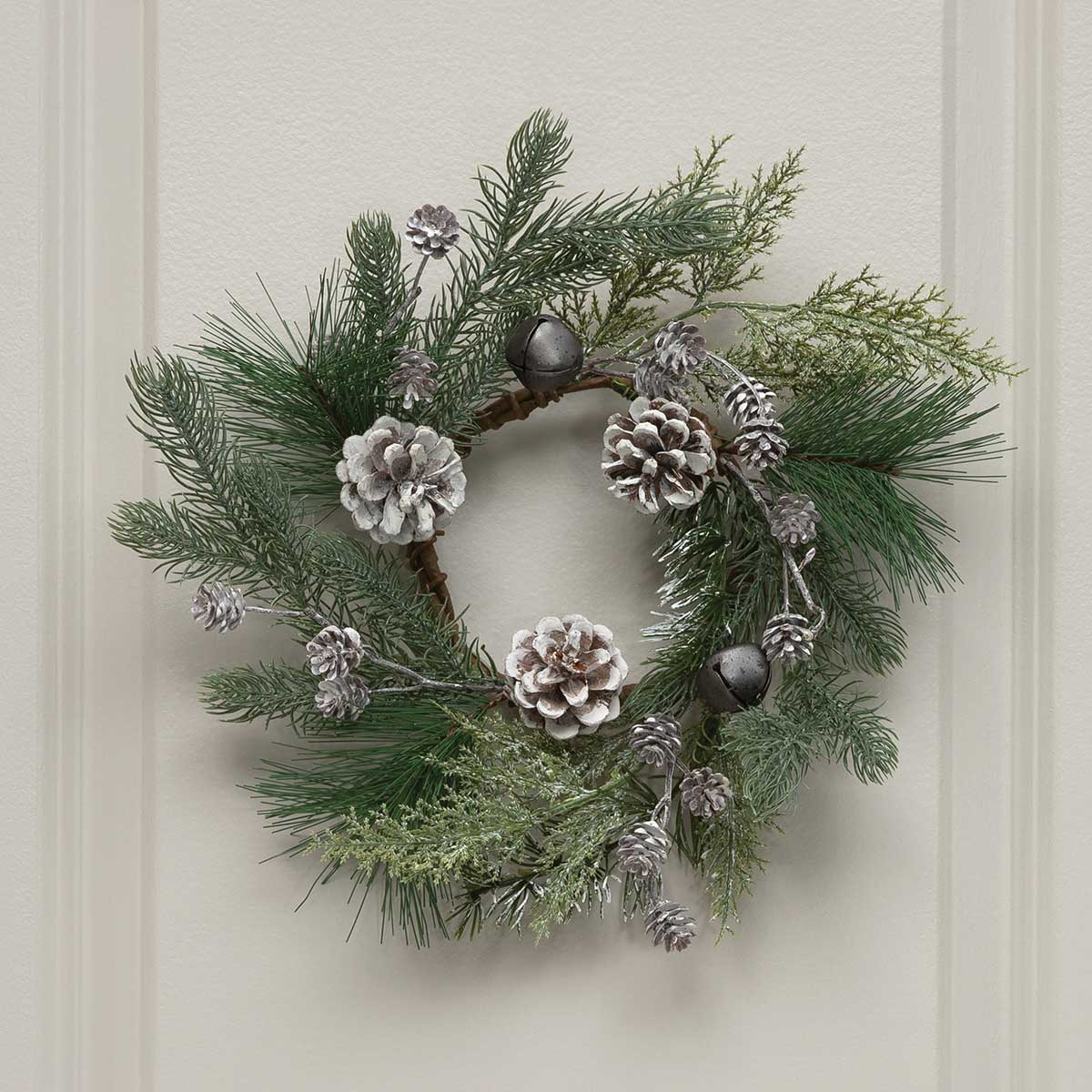 CANDLE RING PINE/PEWTER BELLS 14IN (INNER RING 4IN) GREEN - Click Image to Close
