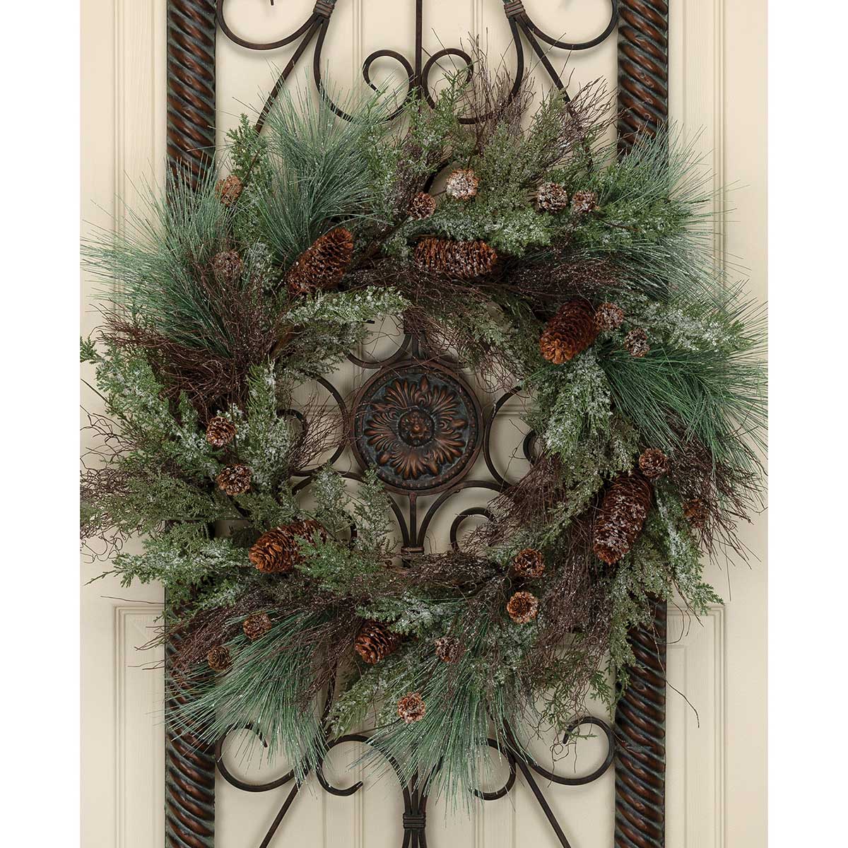 FROSTED LONG NEEDLE PINE WREATH WITH CEDAR, PINECONES