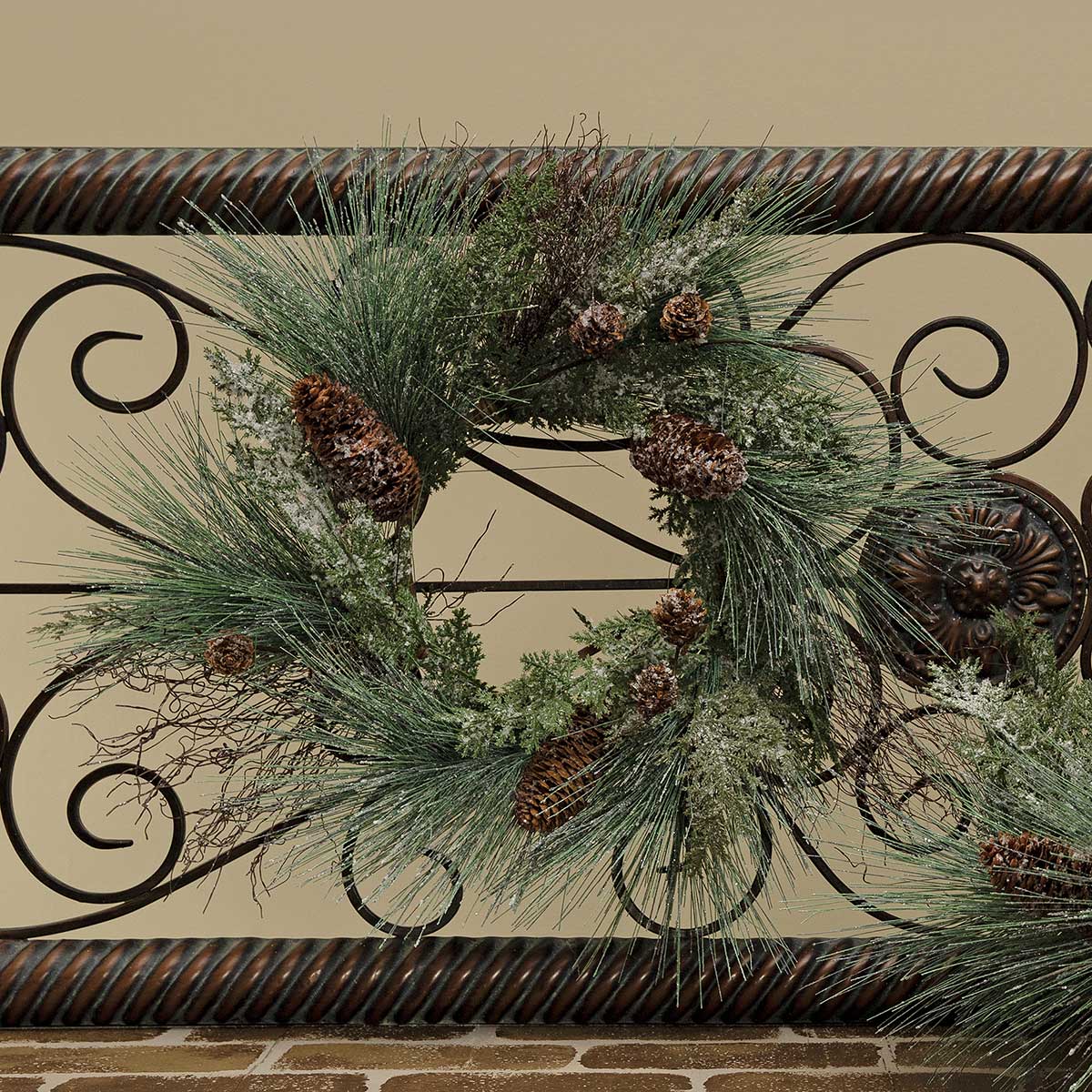 FROSTED LONG NEEDLE PINE MINI WREATH WITH CEDAR, PINECONES - Click Image to Close