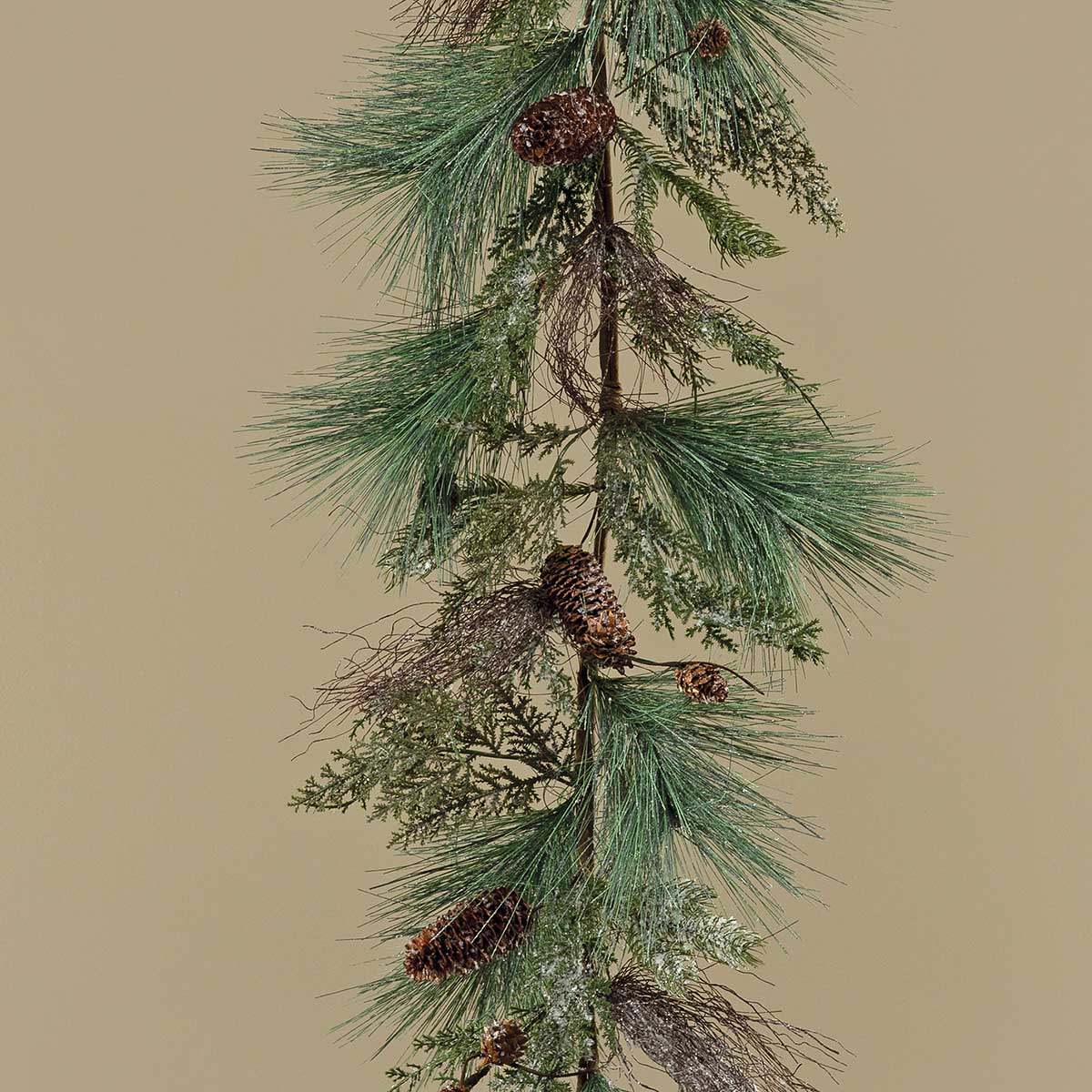 FROSTED LONG NEEDLE PINE GARLAND WITH CEDAR, PINECONES