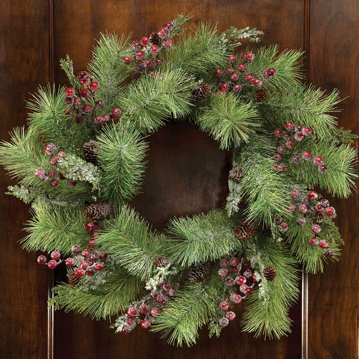 FROSTED RED BERRY/PINE WREATH WITH PINECONES, GLITTER