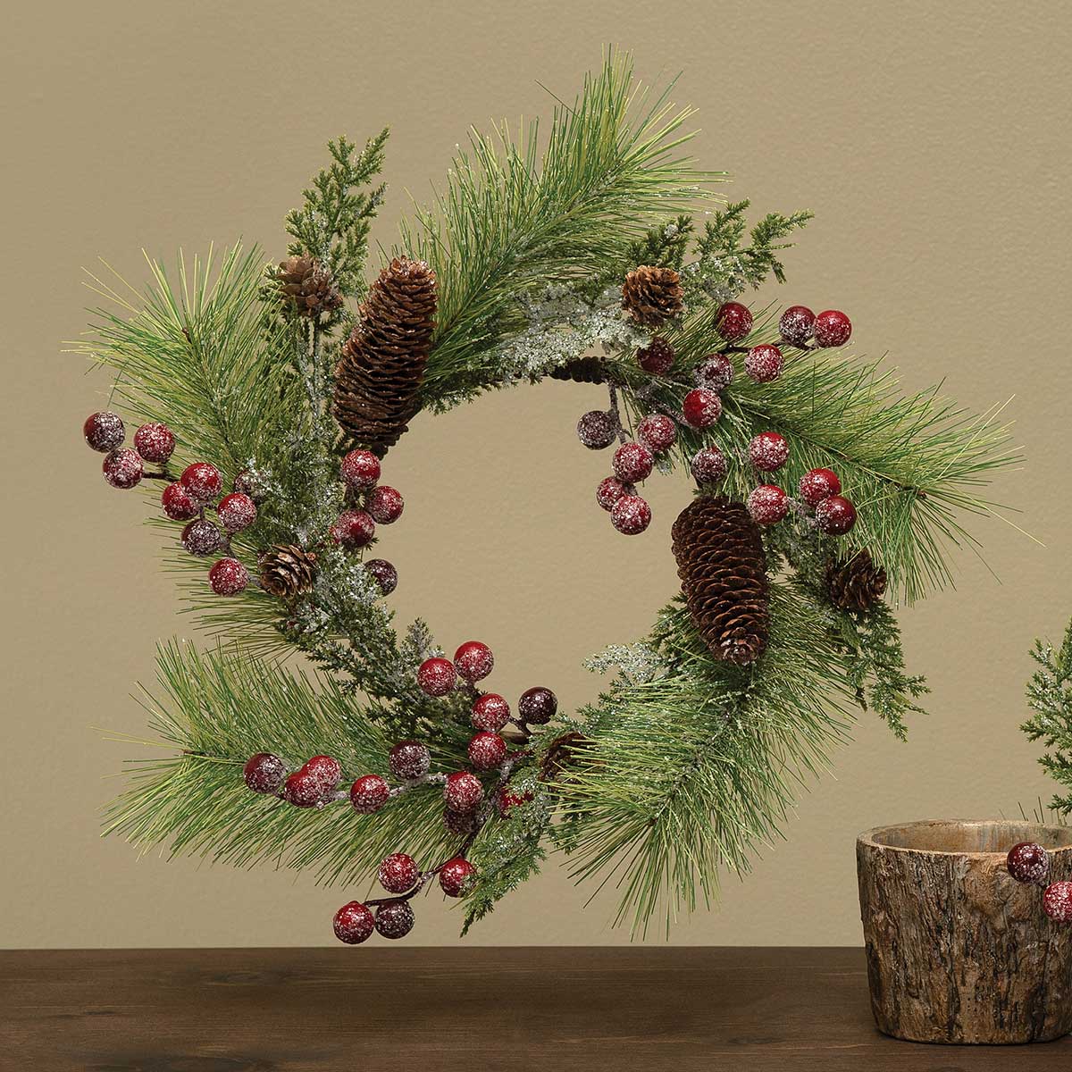 FROSTED RED BERRY/PINE MINI WREATH WITH PINECONES - Click Image to Close
