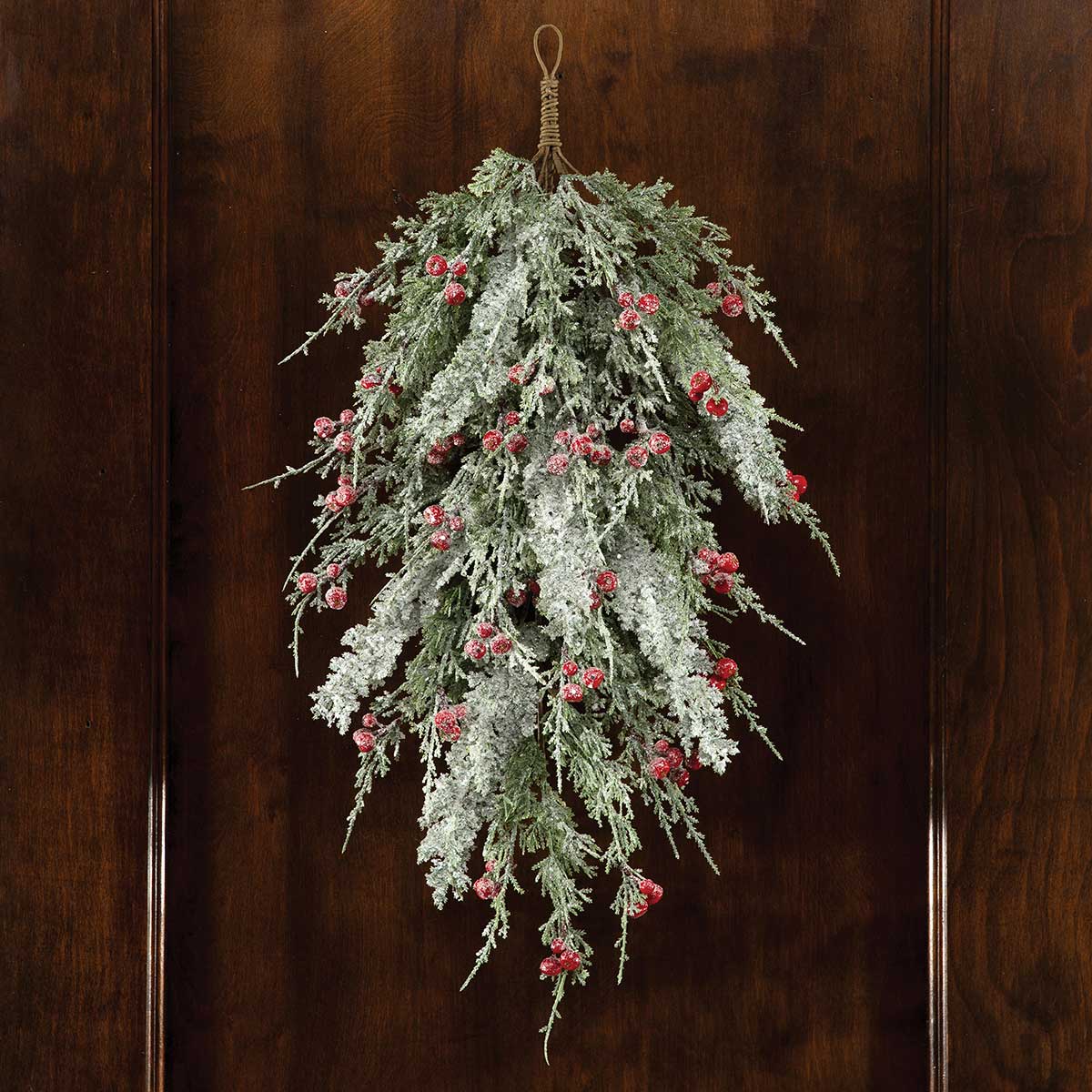 FROSTED CEDAR BOUGH WITH RED BERRIES, GLITTER, MICA