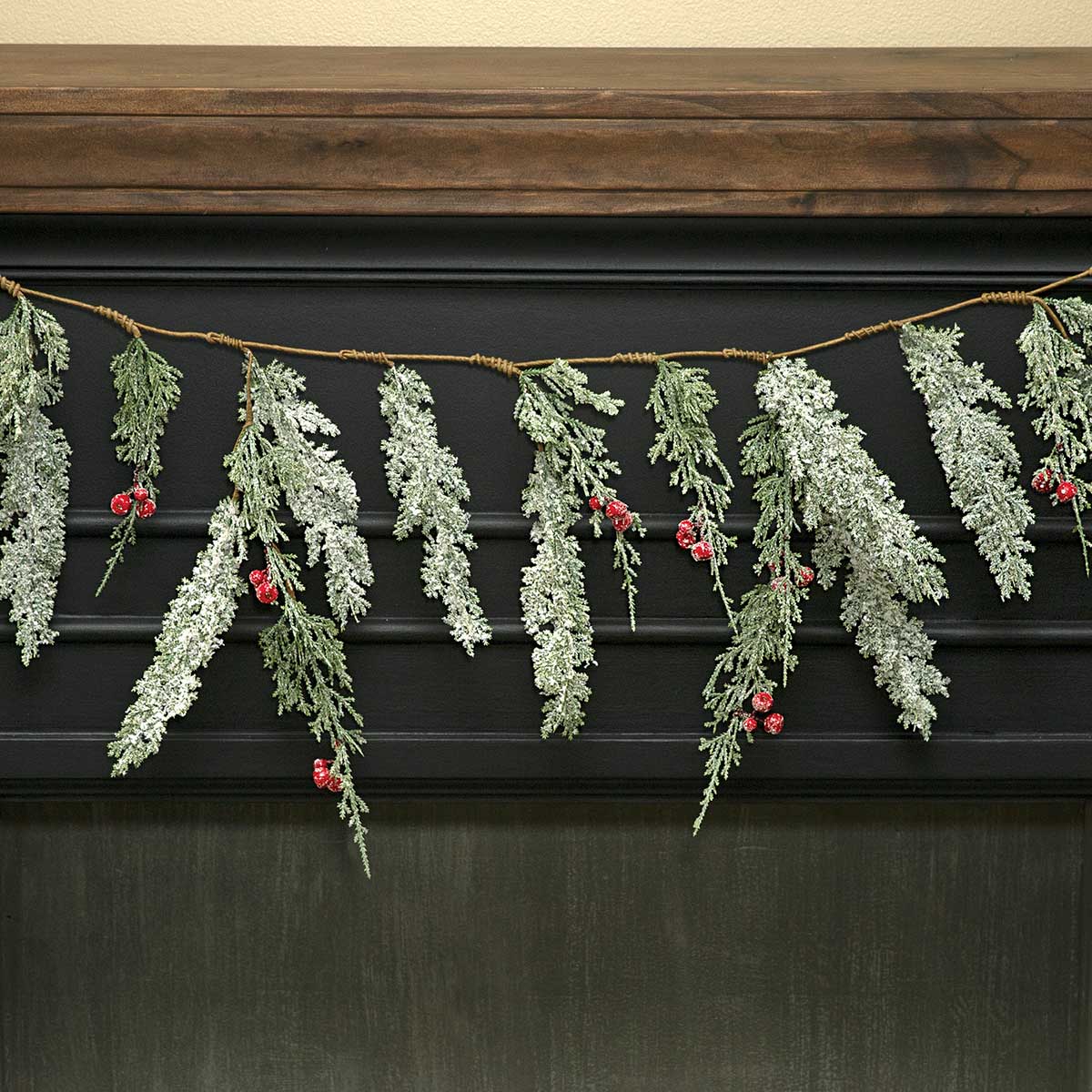FROSTED CEDAR GARLAND WITH RED BERRIES, GLITTER, MICA