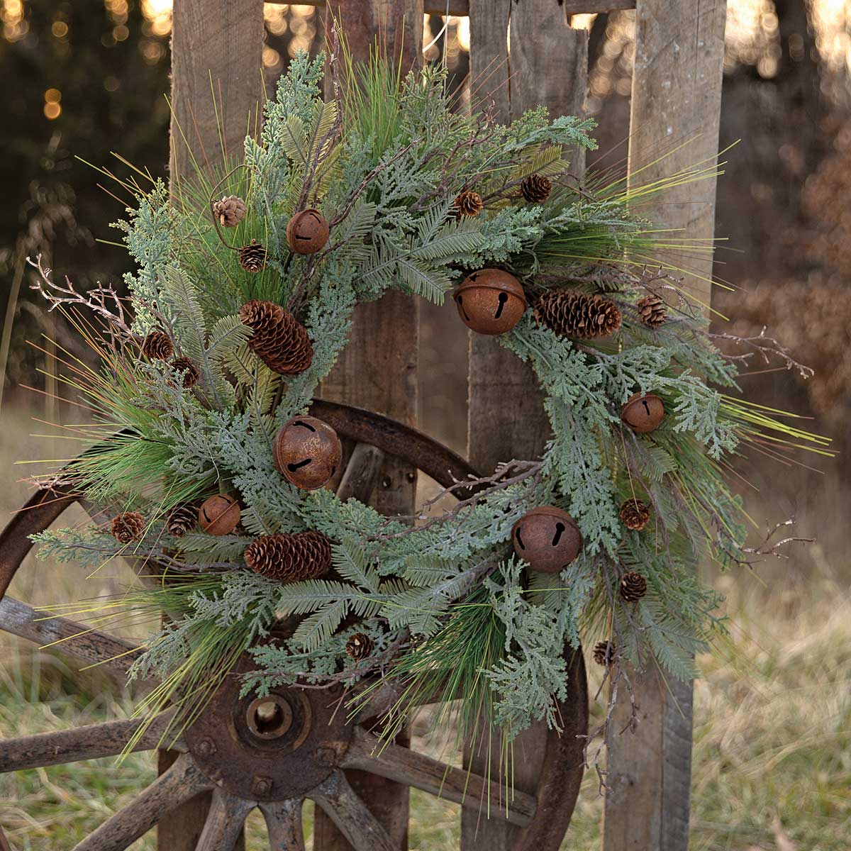 Mixed LONG NEEDLE PINE WREATH WITH RUSTY BELLS, FAUX TWIGS