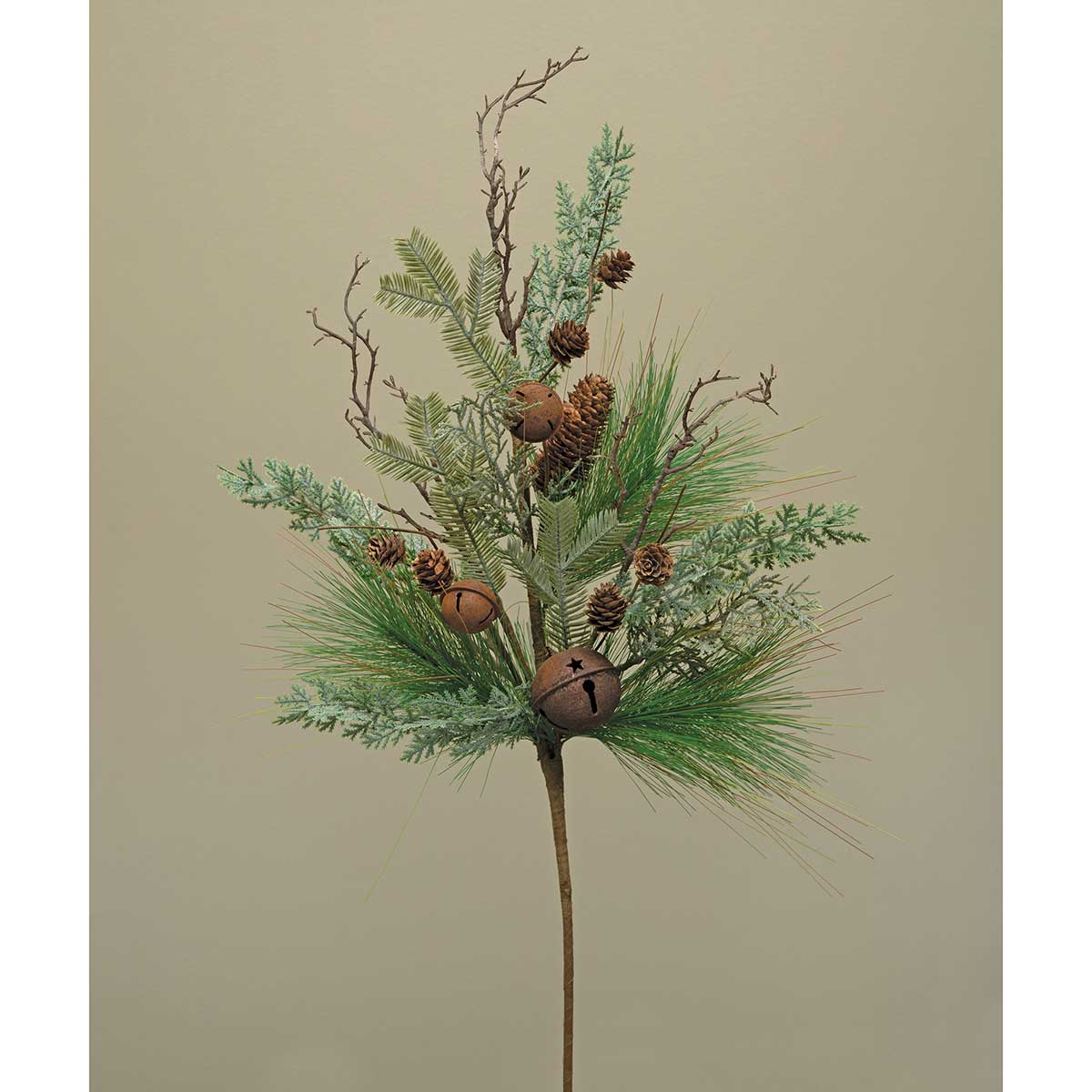 Mixed LONG NEEDLE PINE SPRAY WITH RUSTY BELLS, PINECONES - Click Image to Close
