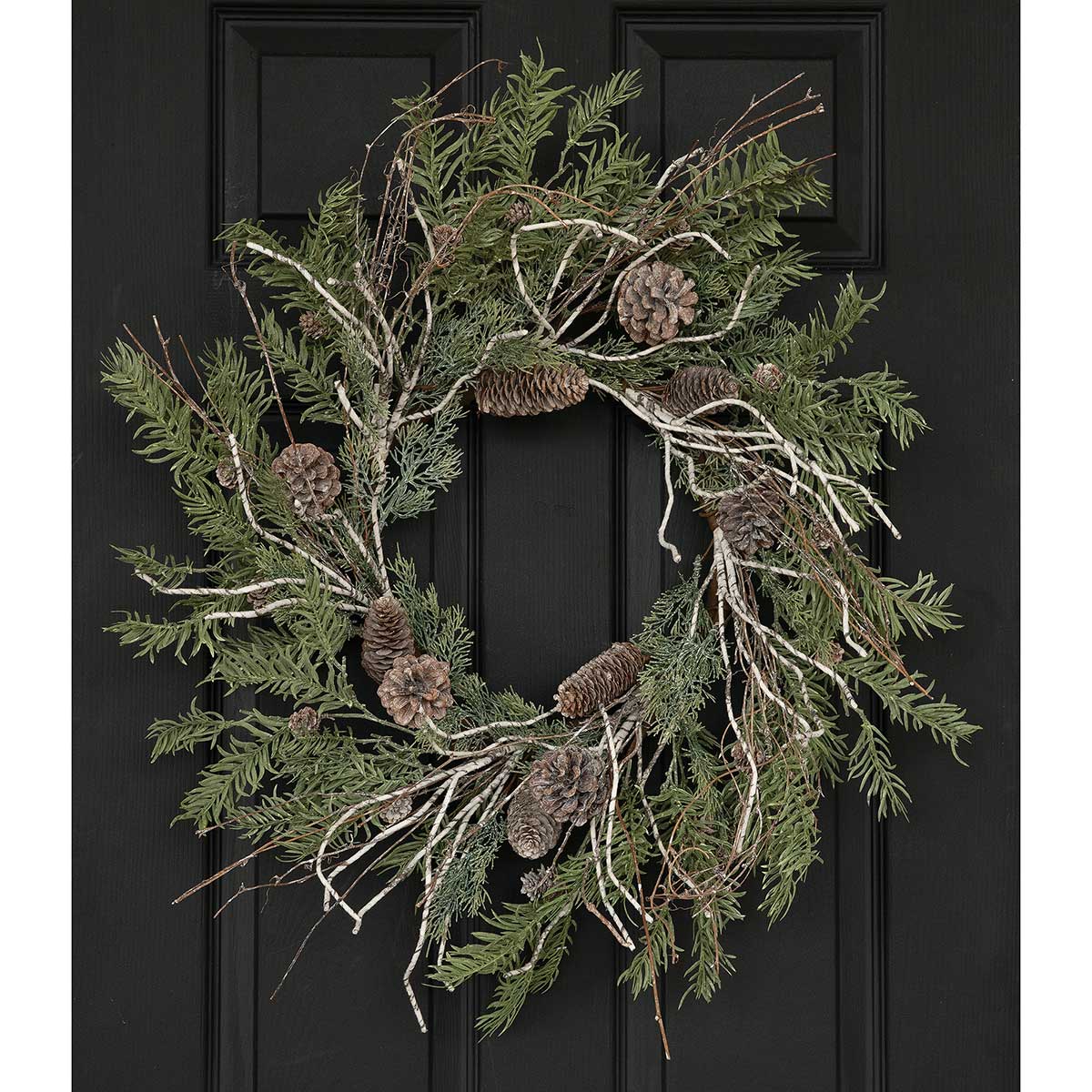 WIRED FAUX BIRCH TWIG/PINE WREATH WITH WHITEWASHED