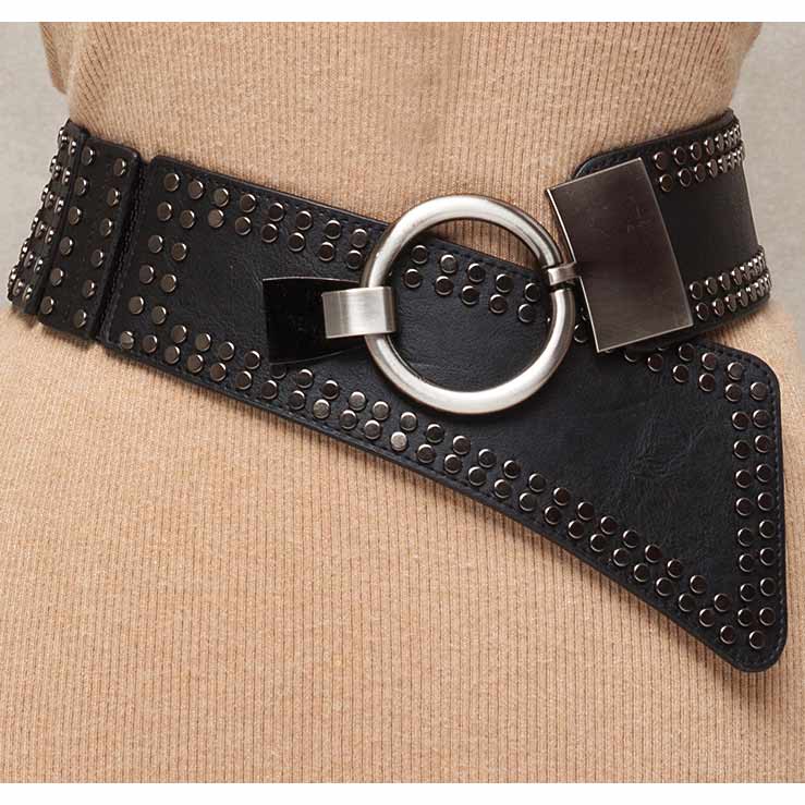 b70 BELT STRETCH BLACK RIVETS AND ANTIQUE SILVER CIRCLE CLASP - Click Image to Close