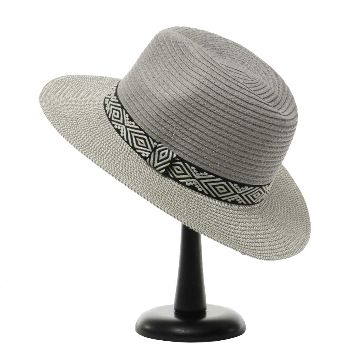 Grey Herringbone Hat with Aztec Trim 50sp
