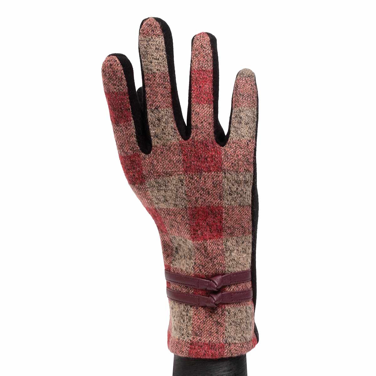 Red and Tan Block Plaid Gloves with Trim