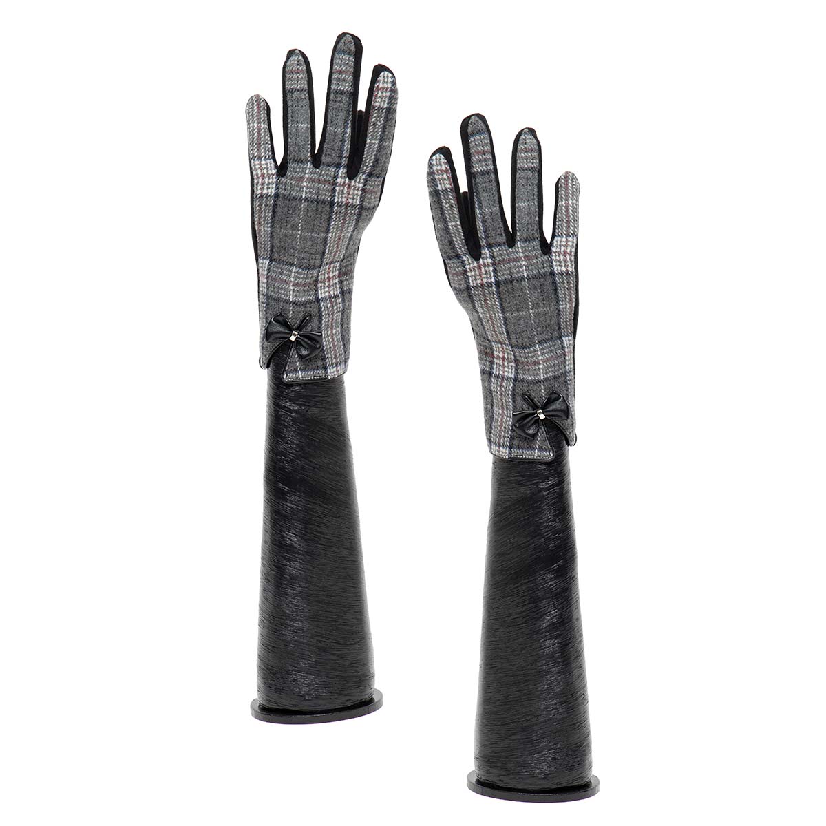 Grey and Brown Plaid Gloves with Bow and Black Palm