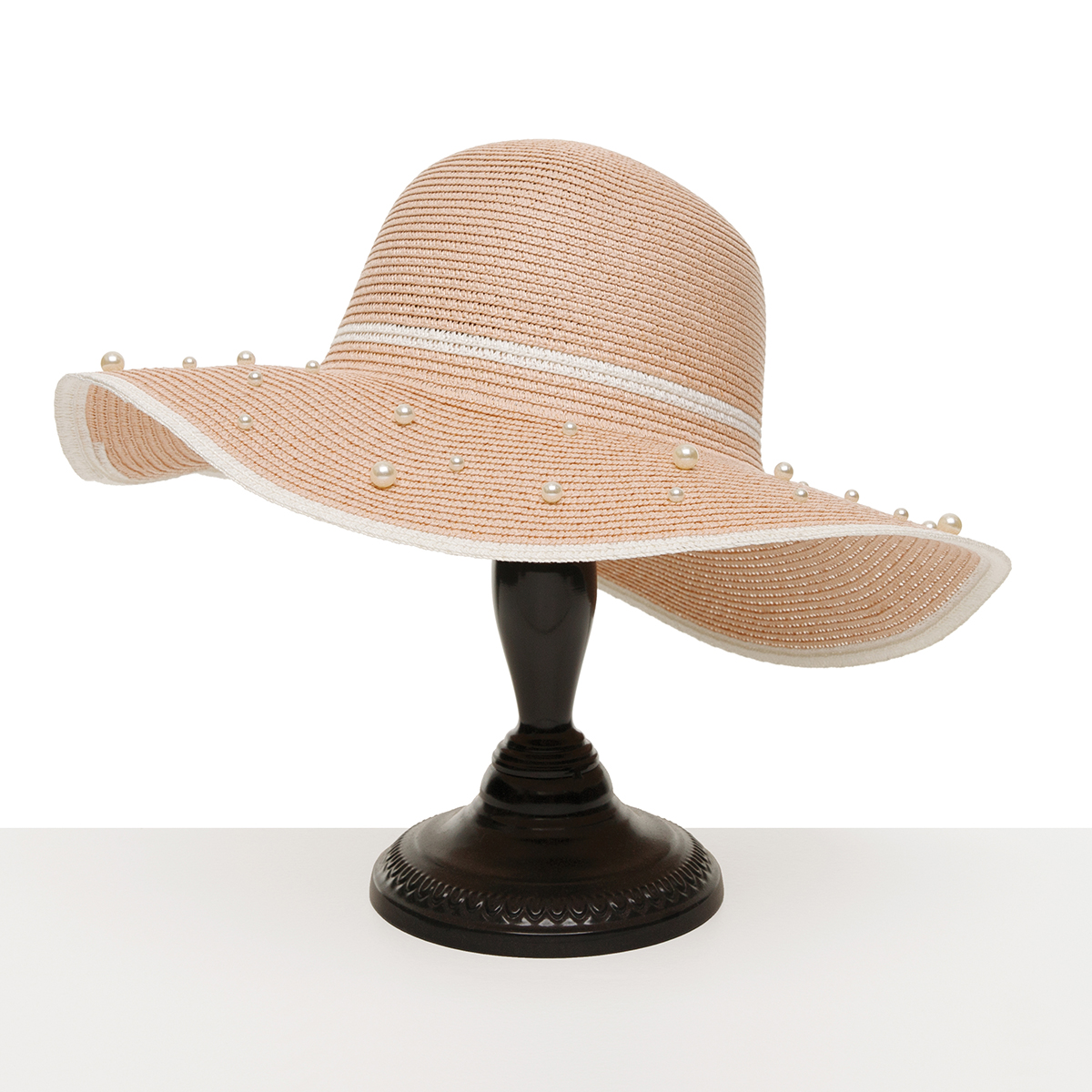 HAT PINK WHITE TRIM AND PEARLS