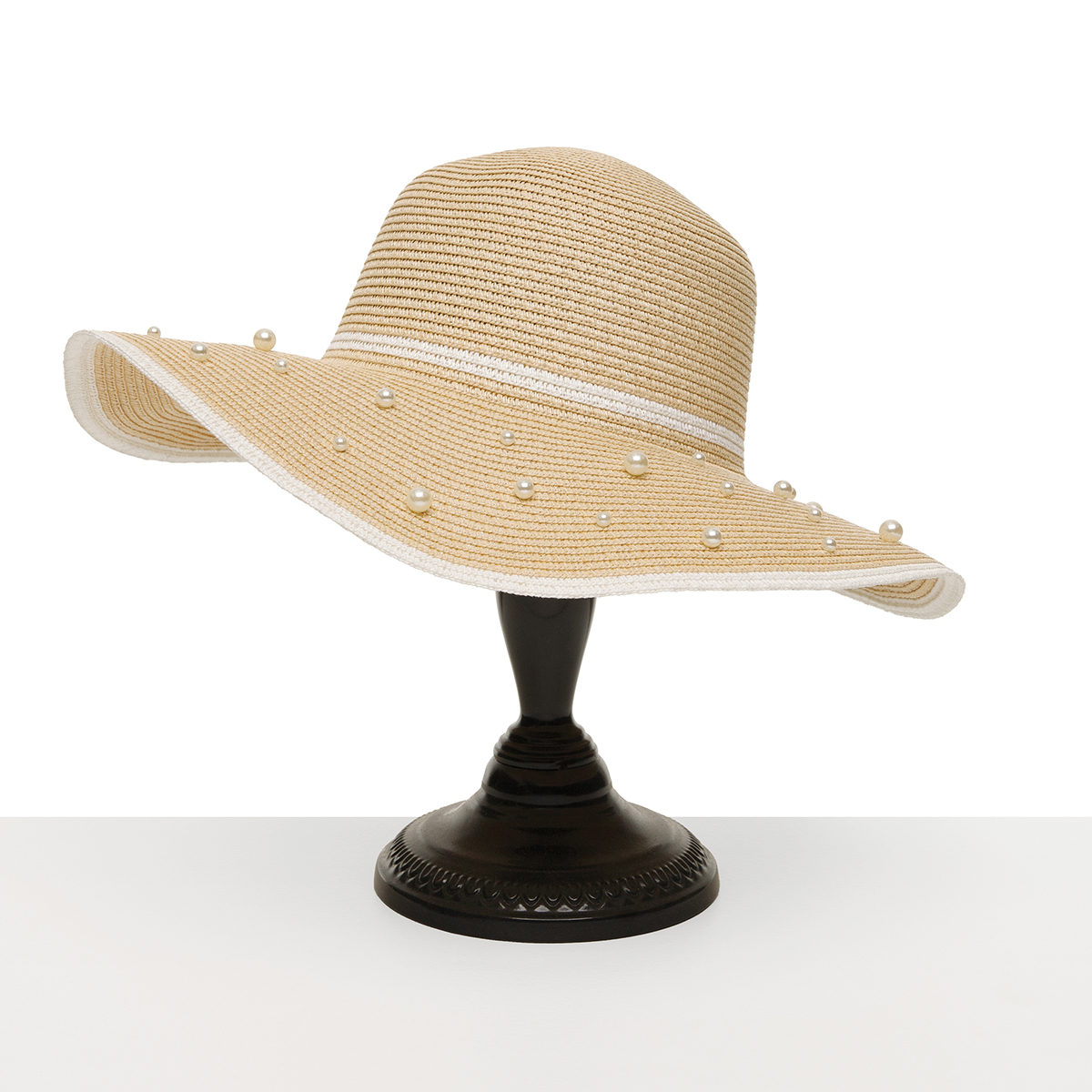 HAT BEIGE WHITE TRIM AND PEARLS - Click Image to Close